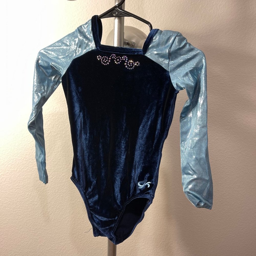 GK Velvet Blue and Metallic light blue AXS long-sleeved leotard, lightly used
